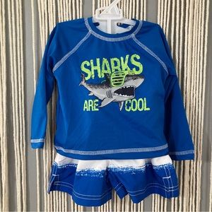 12 Months Boy Swim Set Trunks and Long Sleeve Rash Guard Shark Blue Summer Pool
